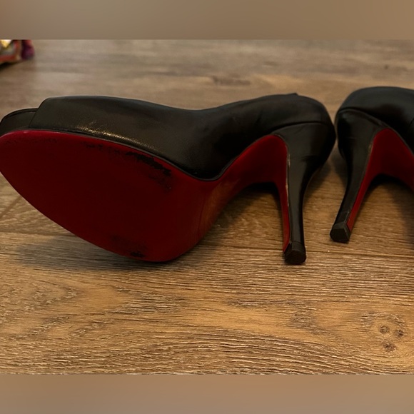 Black 5 inch Peep Toe Heels with Red Bottoms - Picture 3 of 6